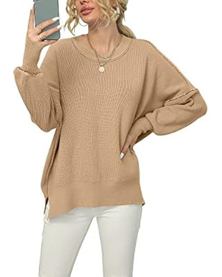 ANRABESS Women Crewneck Batwing Sleeve Oversized Side Slit Ribbed Knit Pullover Sweater Top | Amazon (US)