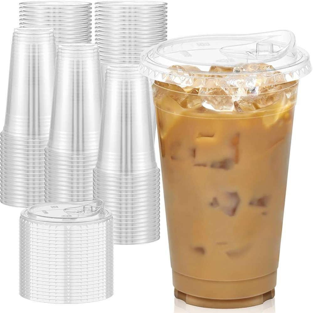 100 Pack - 20 oz Clear Plastic Cups with Lids, Sturdy & Food Safe Iced Coffee Cups with lids, Dis... | Amazon (US)
