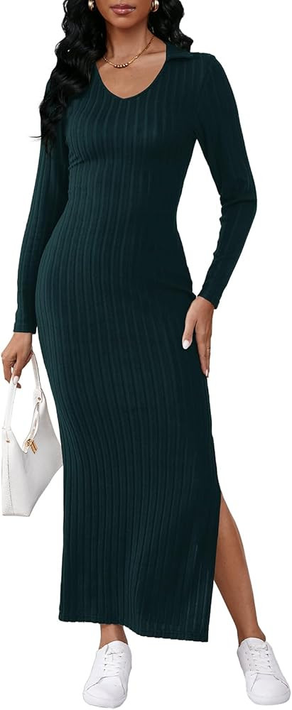 Women's Casual Long Sleeve Collar V Neck Maxi Sweater Dress Sexy Slit Thigh Ribbed Knit Bodycon P... | Amazon (US)