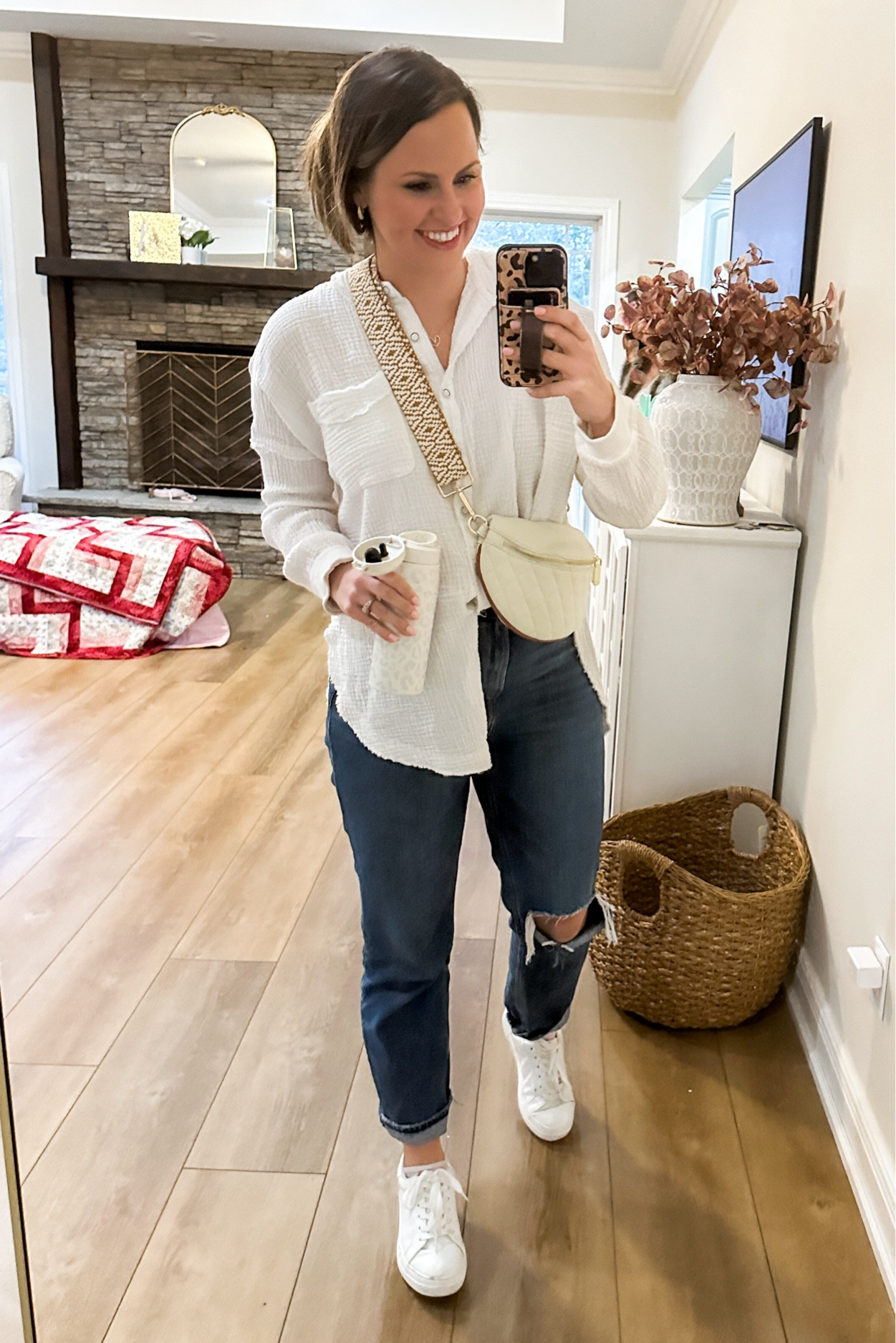Casual spring outfit! My fave Abercrombie jeans are on sale for the LTK spring sale using code AFLTK 👍🏼 My white button down gauzy top is restocked at only $22! Perfect styled casually or over a swimsuit as a coverup! 

Linked my white sneakers, quilted belt bag fanny pack, purse strap & gold hoops!! Love my new heart groceryglammama heart necklace too 👏🏼👏🏼

#LTKSpringSale #LTKSeasonal #LTKsalealert