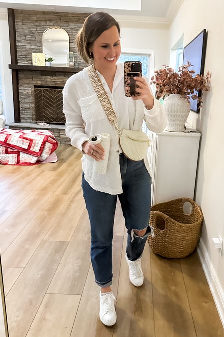 Casual spring outfit! My fave Abercrombie jeans are on sale for the LTK spring sale using code AFLTK 👍🏼 My white button down gauzy top is restocked at only $22! Perfect styled casually or over a swimsuit as a coverup! 

Linked my white sneakers, quilted belt bag fanny pack, purse strap & gold hoops!! Love my new heart groceryglammama heart necklace too 👏🏼👏🏼

#LTKSpringSale #LTKSeasonal #LTKsalealert