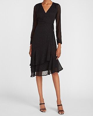 Metallic Clip Dot Ruffle Hem Wrap Midi Dress | Express