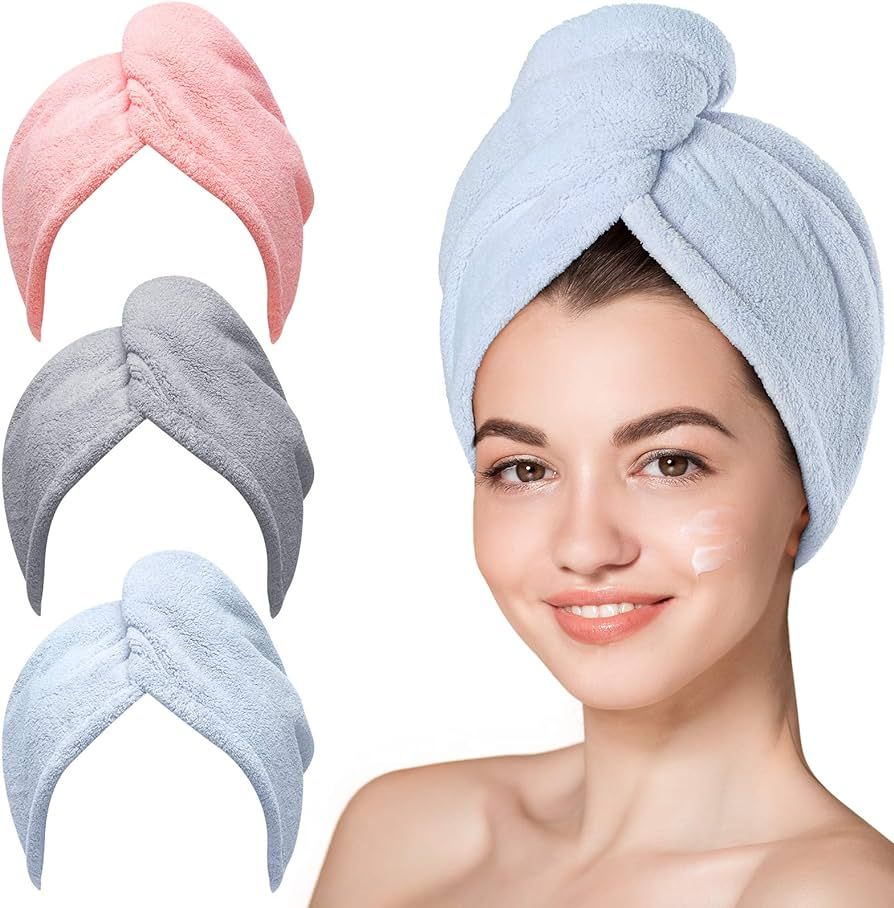 Hicober Microfiber Hair Towel, 3 Packs Hair Turbans for Wet Hair, Drying Hair Wrap Towels for Curly  | Amazon (US)