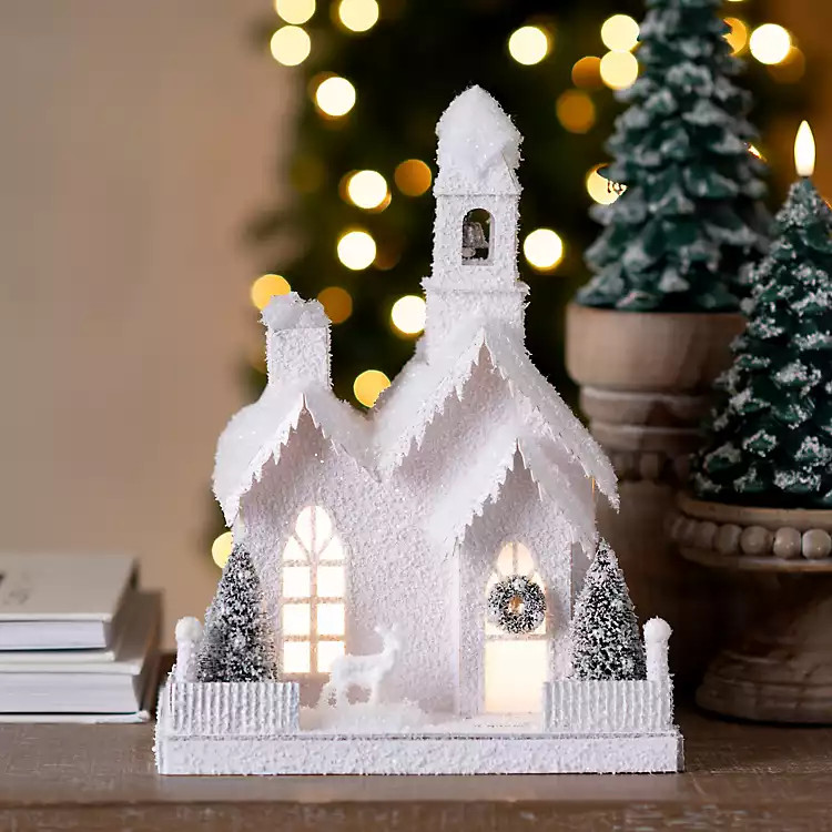 LED Flocked Church Christmas Decoration | Kirklands