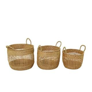 Litton Lane Brown Seagrass Bohemian Storage Basket 17 in., 16 in., 14 in. (Set of 3) | The Home Depot