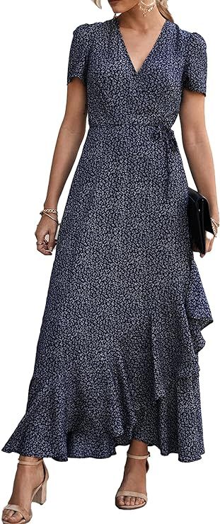 PRETTYGARDEN Women's Summer Wrap Maxi Dress Casual Boho Floral V Neck Short Sleeve Ruffle Hem Spl... | Amazon (US)