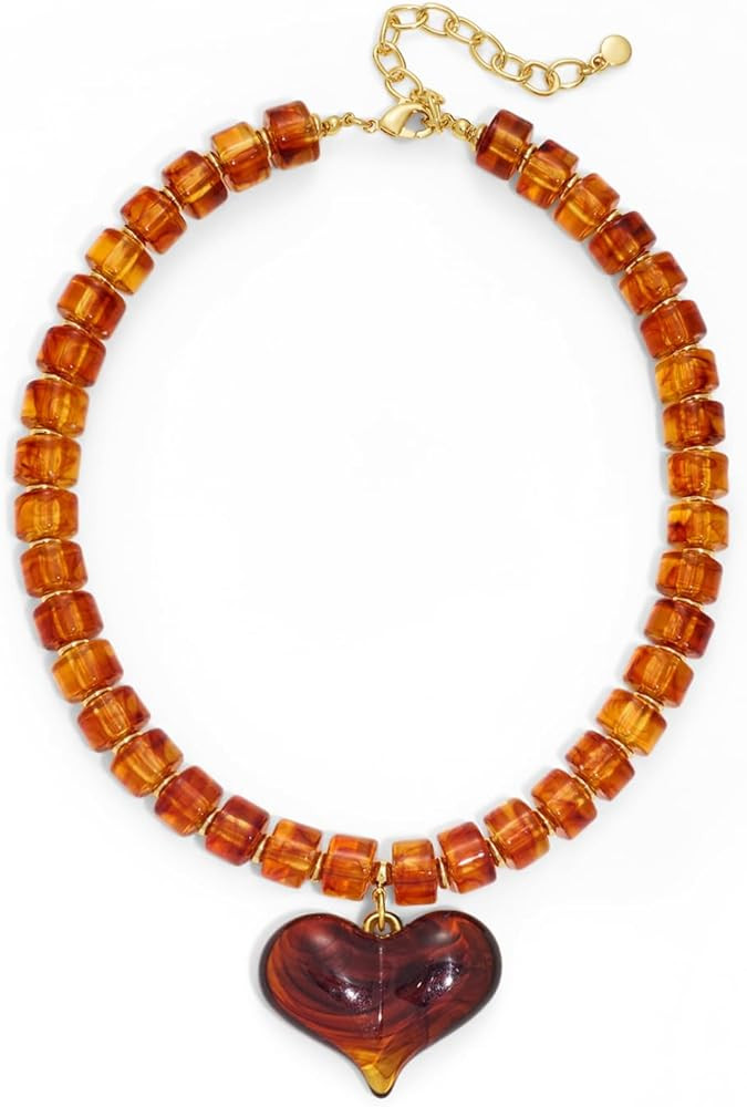 CLASSYZINT Colorful Chunky Beaded Necklace with Gold Puff Heart Pendant Statement Necklace for Wo... | Amazon (US)