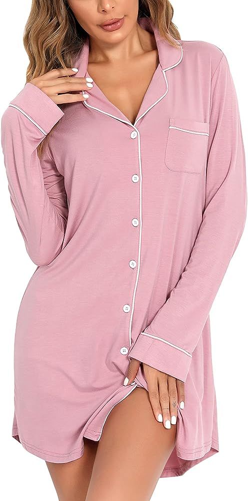 Leikar Nightgowns For Women Button Down Pajamas Dress Short Sleeve Sleepwear S-XXL | Amazon (US)