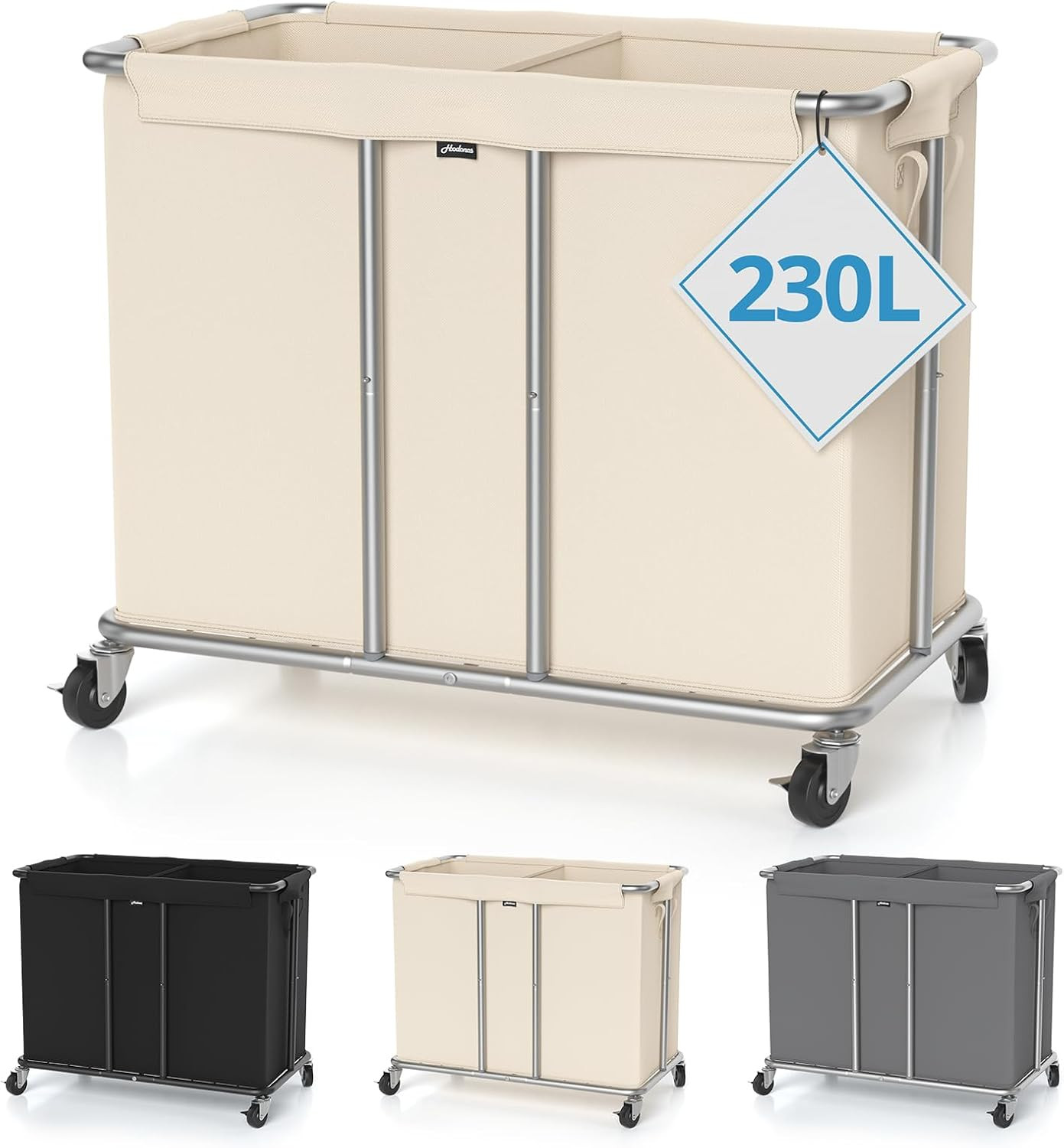 Hodonas 230L Rolling Laundry Hamper, 2-Section Laundry Basket with Wheels, 61 Gallons Laundry Sorter with Metal Structure and Removable Liner, Clothes Hamper for Laundry Room, Bathroom, Bedroom, Beige | Amazon (US)