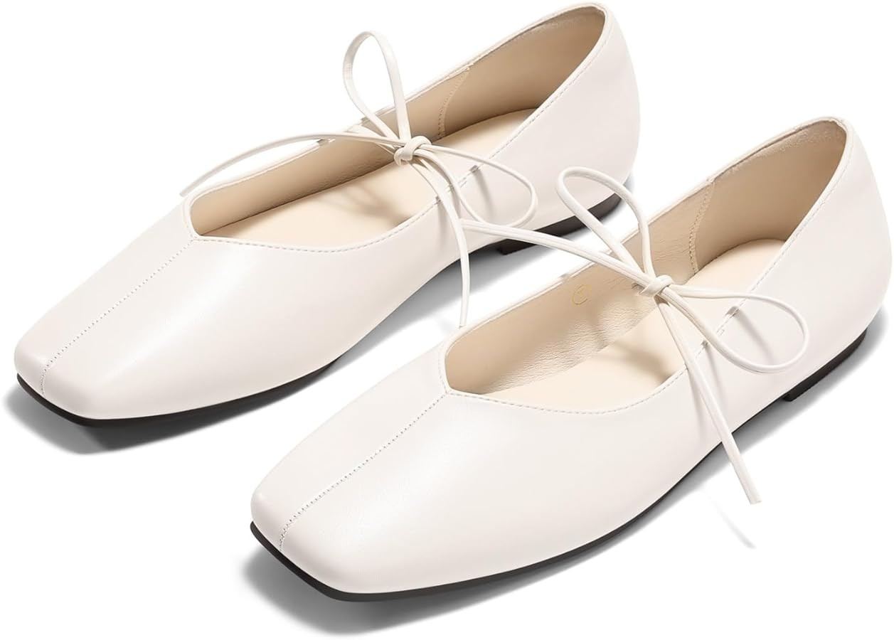 Coutgo Womens Mary Jane Flats Lace Up Square Toe Ballet Ballerina Flats Slip On Comfortable Dress... | Amazon (US)