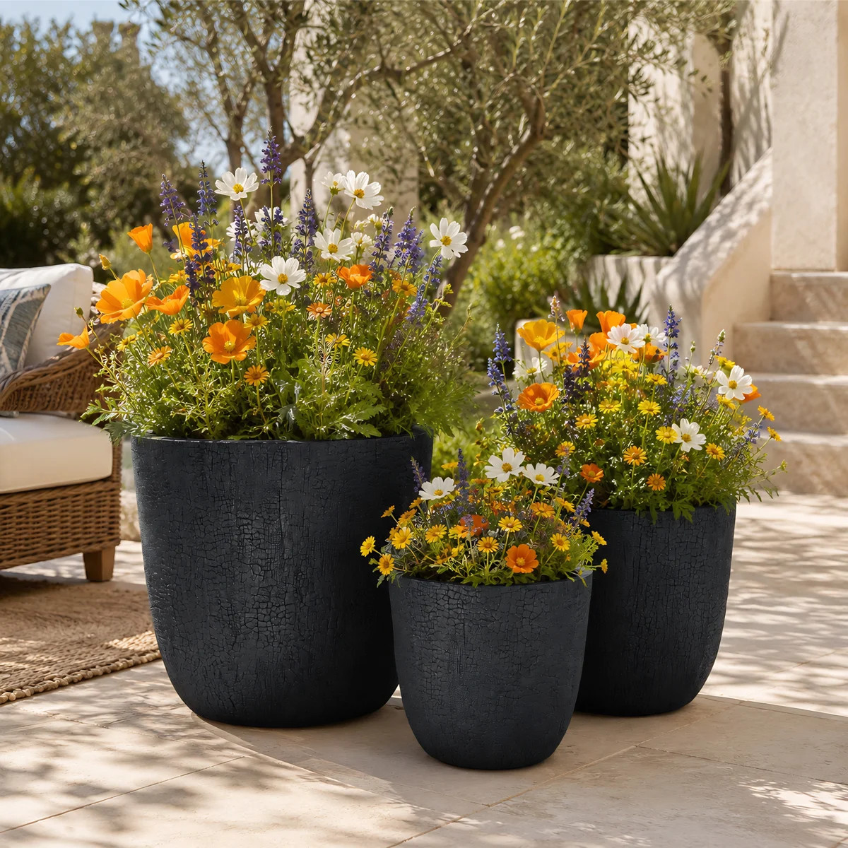 3-Piece Crackle Stone Texture MGO Planter Set with Drainage Holes for Patio Garden Balcony Indoor... | Wayfair North America
