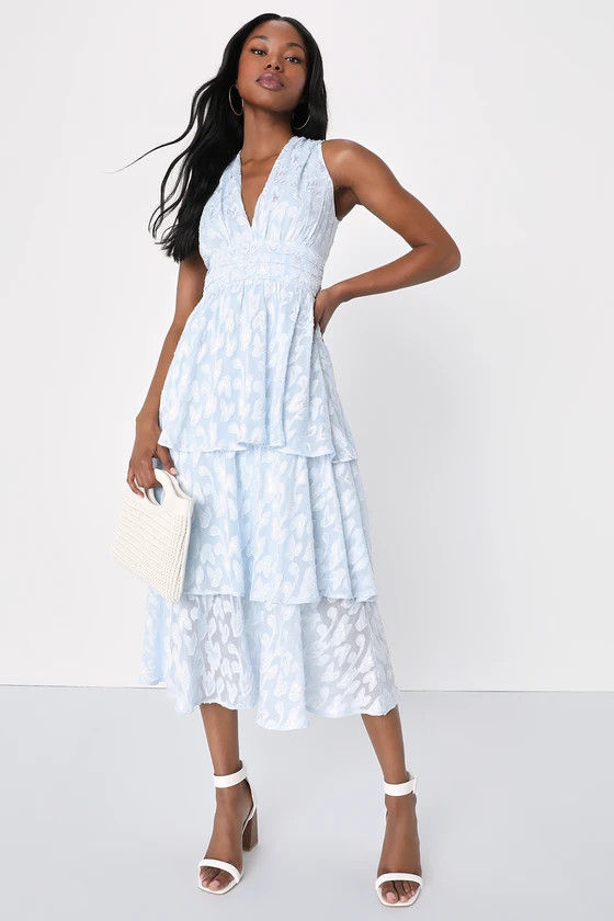 Make It Mesmerizing Light Blue Jacquard Tiered Midi Dress | Lulus (US)