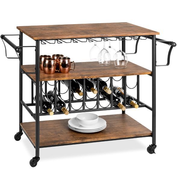 Best Choice Products 45in Industrial Wood Shelf Bar & Wine Storage Service Cart w/ Bottle & Glass... | Target
