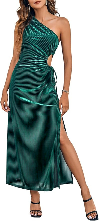 Wenrine Women's One Shoulder Velvet Wedding Guest Dress Sexy Cutout High Split Party Cocktail Max... | Amazon (US)
