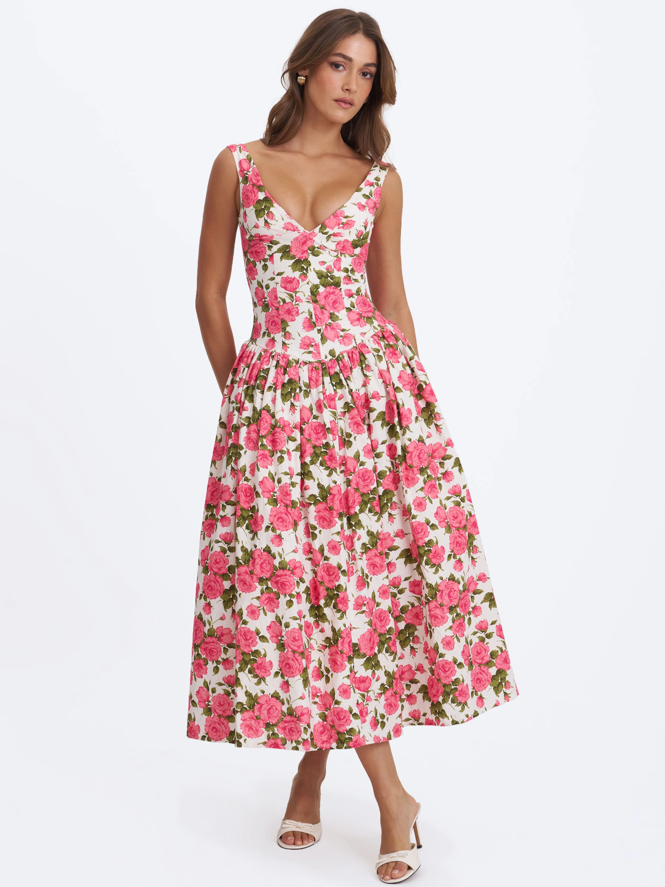 Wilfreda Blooming Pink Floral Linen Sweetheart Midi Dress | Miss Circle
