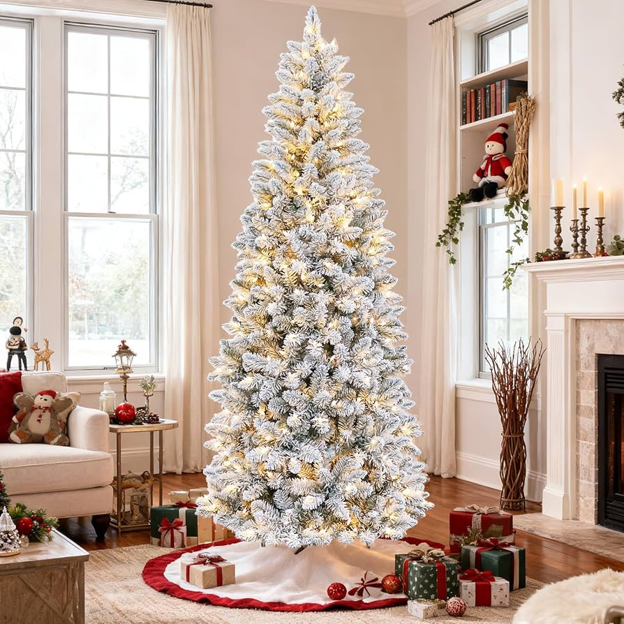 Hykolity 6 ft Prelit Snow Flocked Pencil Slim Christmas Tree, 544 PVC Branch Tips, 200 Color Chan... | Amazon (US)