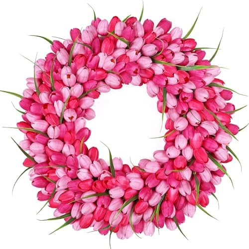 Pink Tulip Wreath Spring Wreaths for Front Door Zmtyykh Artificial Floral Door Wreath for Valenti... | Amazon (US)