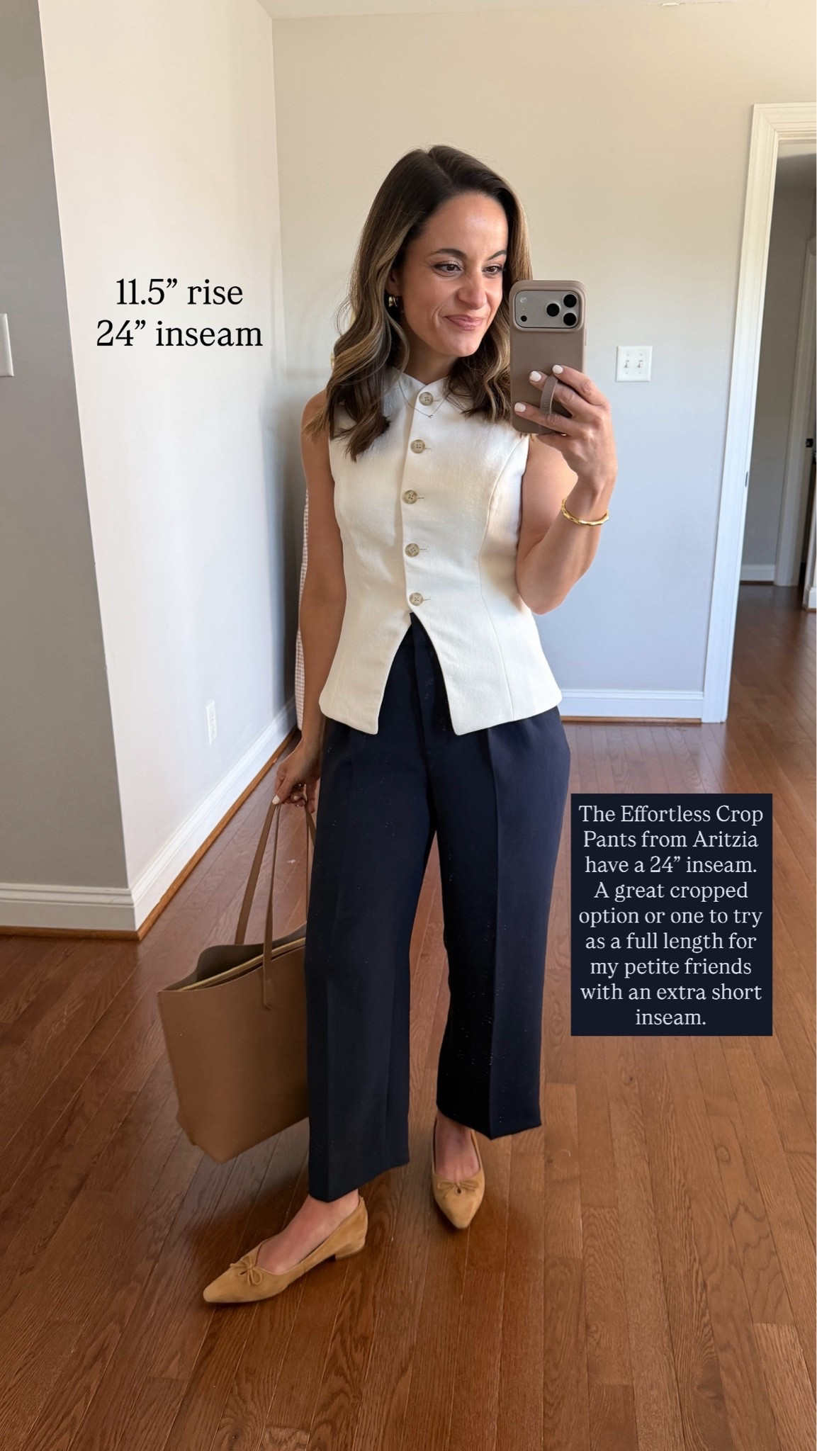 Ten petite-friendly pants in different styles and fits with rise and inseam measurements for each. 

I’m listing the size I wear in each one, the measurements are taken from that size. For comparison I have a 24” waist, 36” hips, 25” ankle inseam and a 27.5” - 28” full length inseam. I need a heel with all inseams over 28” 

Aritzia Effortless Crop: 00 / 11.5” rise / 24” inseam 

Cream vest: 0 in birch

#LTKPetite