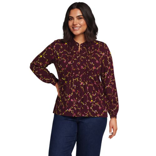 Women's Petite Long Sleeve Lightweight Jersey Button Front Trim Collar Pintuck Blouse - Lands' End - Blue - M | Lands' End (US)
