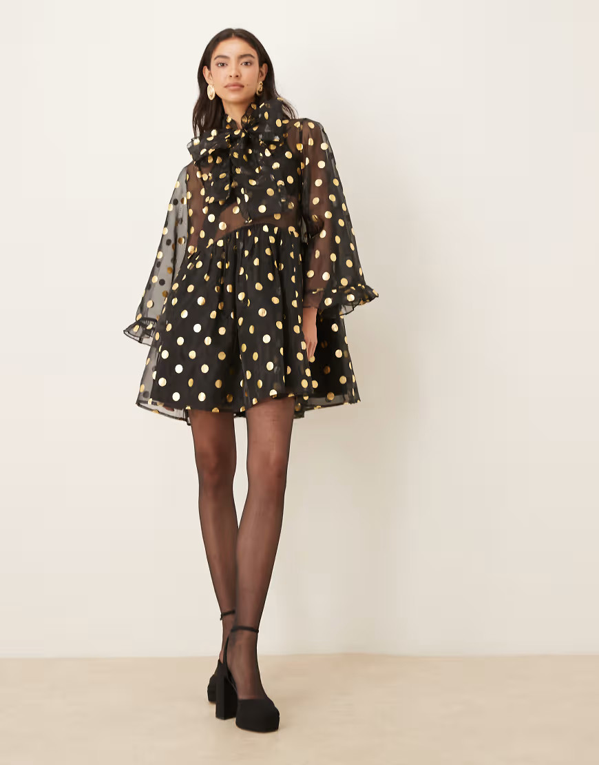 Sister Jane Swing gold polka dot organza mini dress in black | ASOS (Global)