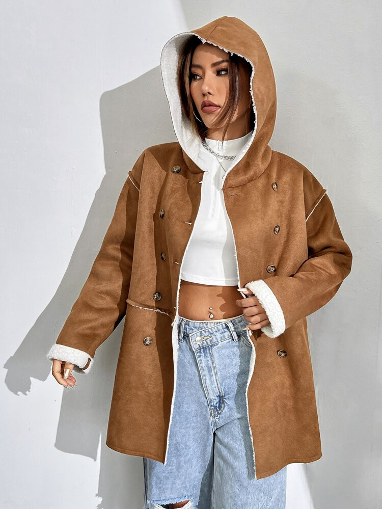 SHEIN EZwear Double Breasted Drop Shoulder Teddy Lined Hooded Coat | SHEIN