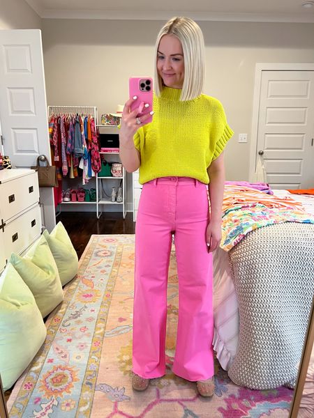 Yellow sleeveless sweater (says green on website but in between to me) / yellow crop sweater (size XS) / pink pants (exact pair are Zara but linked similar) / colorful outfit / color block outfit 

#LTKSeasonal
