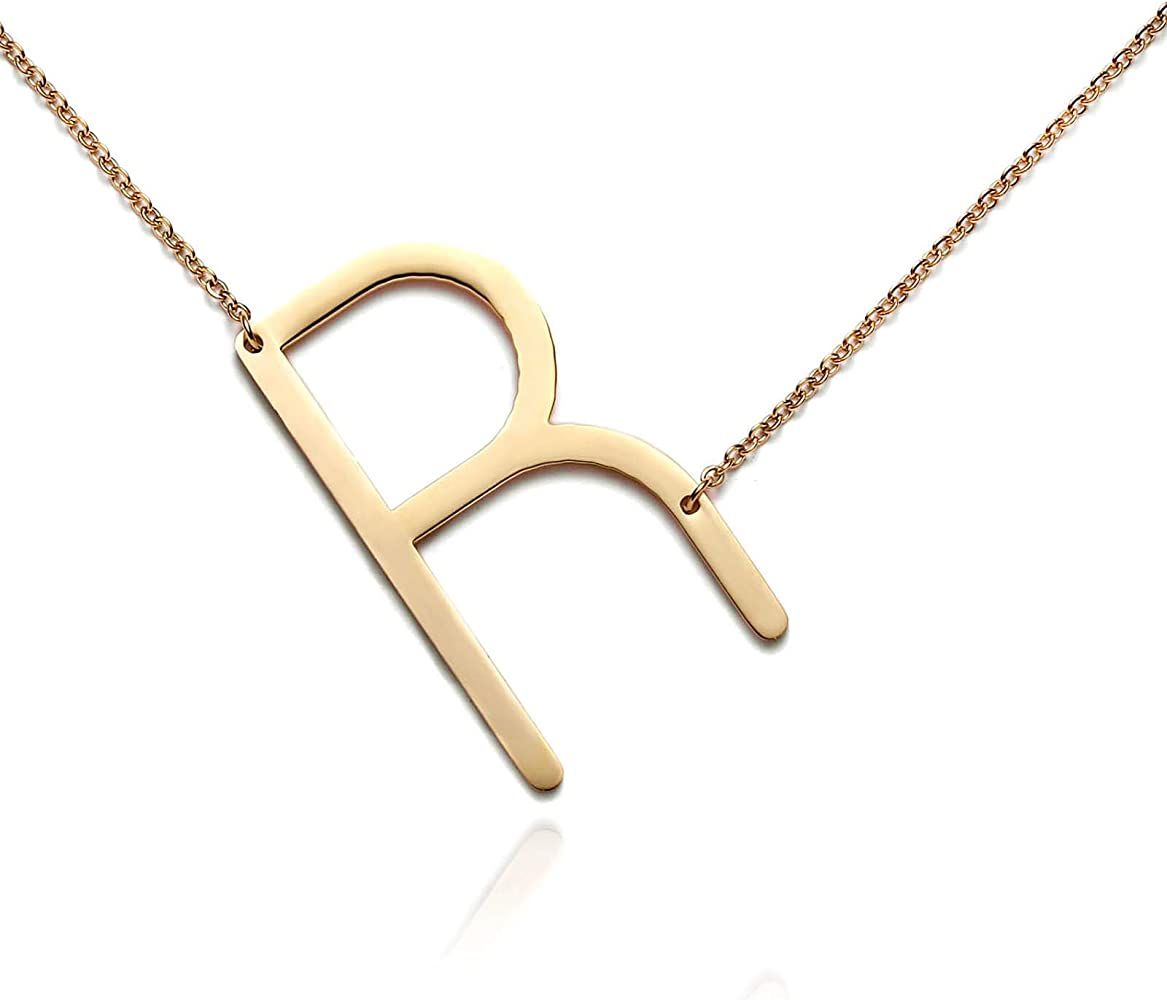 Amazon.com: RINHOO Sideways Large Initial Necklace 18k Gold Plated Stainless Steel Big Letter Scr... | Amazon (US)