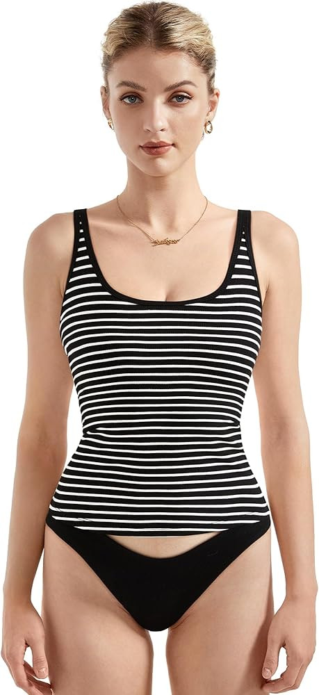 SUUKSESS Women Padded Cotton Ribbed Long Tank Tops 2025 Summer Going Out Basic Scoop Neck Cami To... | Amazon (US)