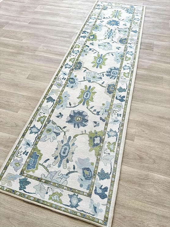 Green Oushak Runner Rug, Modern Runners, Vintage, Turkish, Eclectic, Floral, Pastel, Washable, Lo... | Amazon (US)