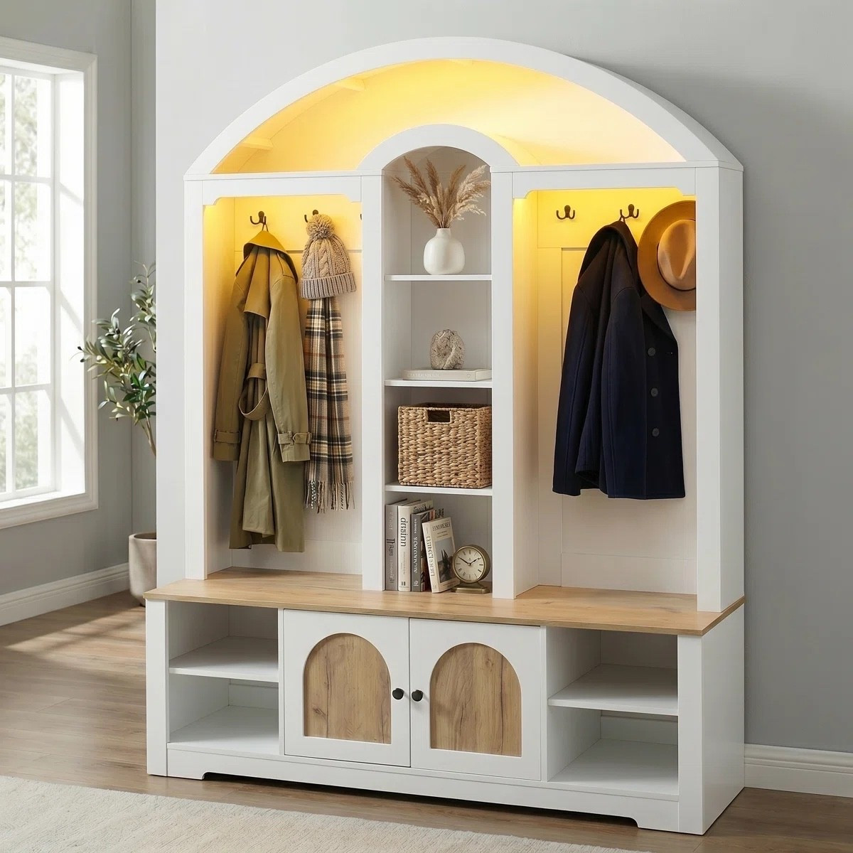 Curved Hall Tree with 6 Hooks & Multiple Storage Spaces, 4-in-1 Entryway Coat Hanger with Shoe Cabinet and 2 Doors for Hallway

#LTKmomlife #LTKHome #LTKActive