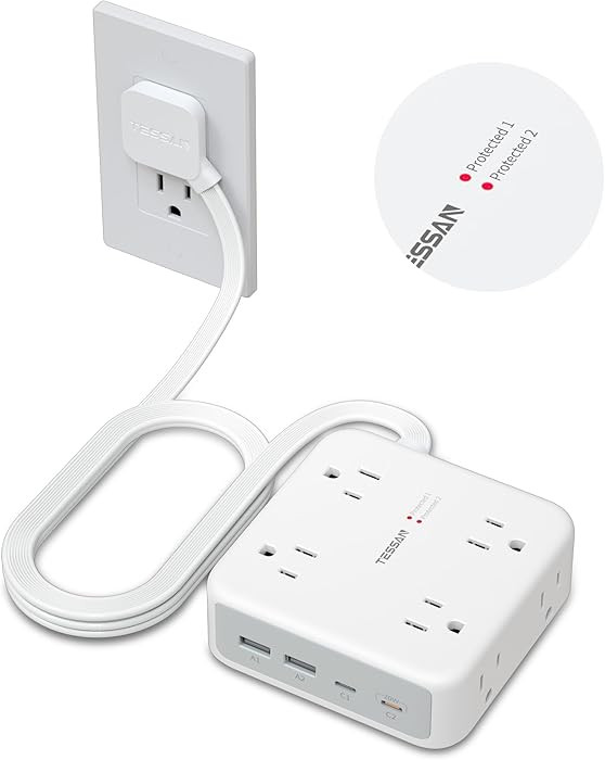 TESSAN Surge Protector Power Strip, 5 Ft Extension Cord Flat Wall Plug with 4 USB (2 USB C) 8 Out... | Amazon (US)