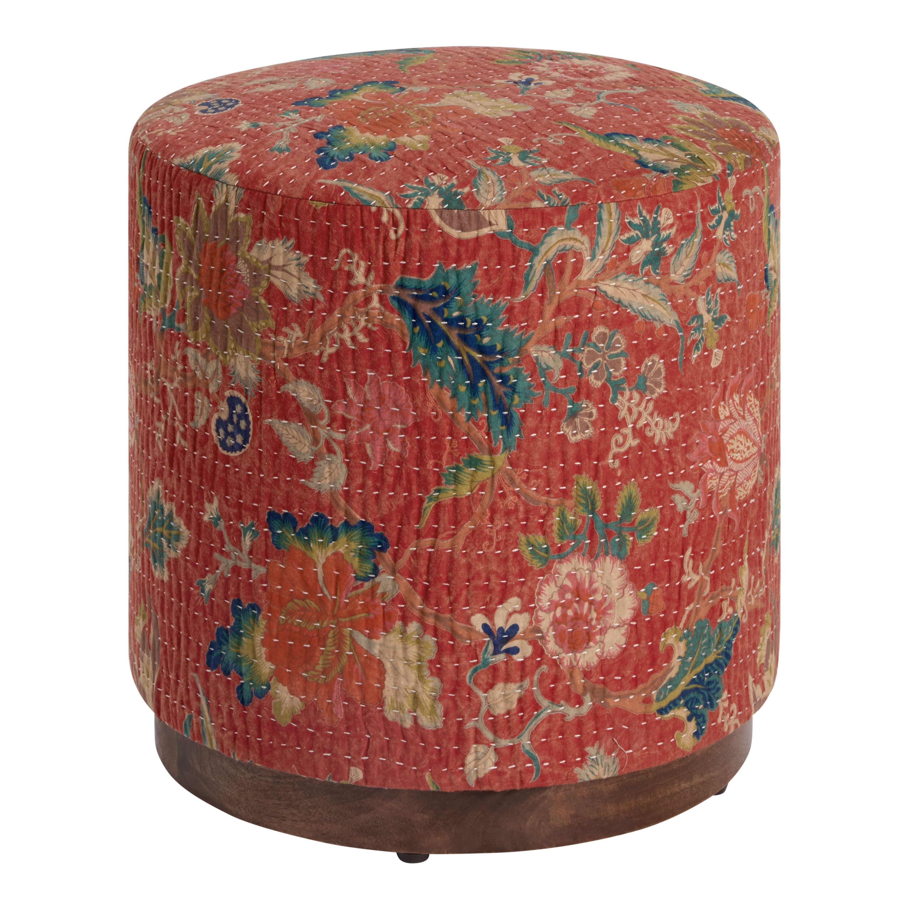 Fiora Round Red Kantha Stitch Floral Embroidered Ottoman | World Market