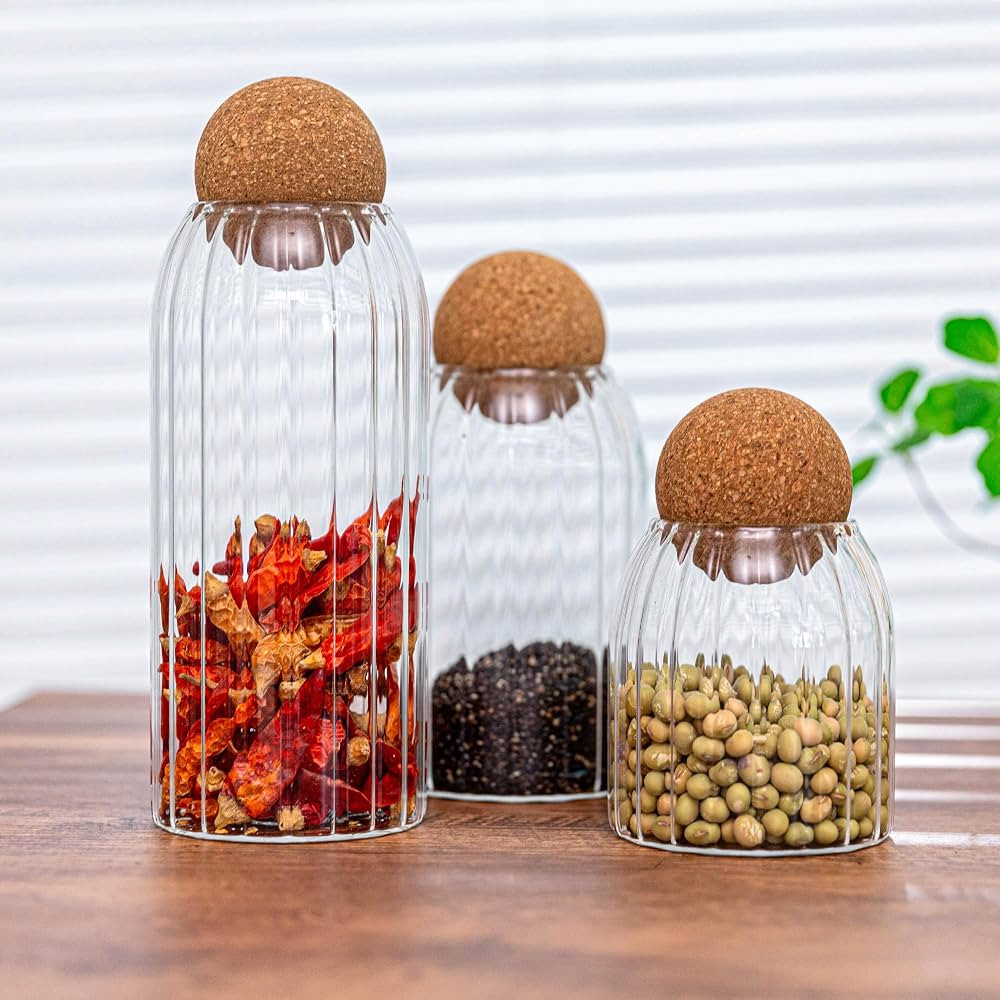 Glass Jar Set of 3 - Airtight Sealed Cork Lids, Round Glass Bottles for Coffee Beans, Nut Storage... | Amazon (US)