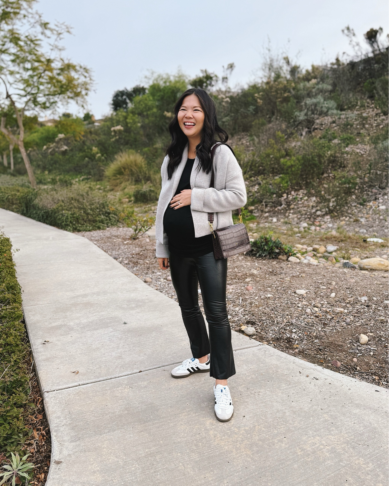 Gray cardigan (S)
Gray cropped cardigan
Black maternity top (S)
Black long sleeve top
Black maternity pants (S)
Black maternity faux leather pants
Adidas Sambas sneakers (TTS)
Burgundy bag
Maternity outfit
Date night outfit
Amazon fashion

#LTKFindsUnder50 #LTKStyleTip #LTKBump