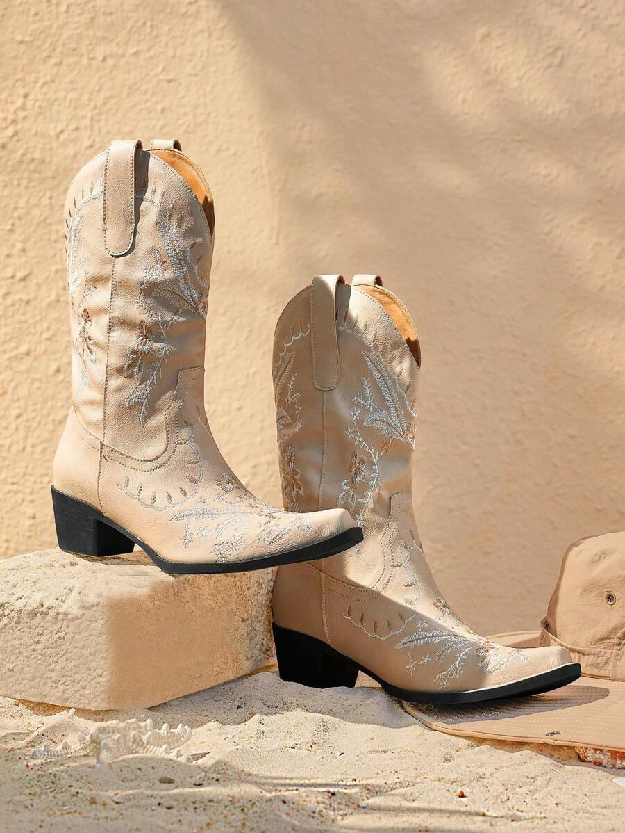 Styleloop Women's Fashion Vintage Embroidery Mid-Calf Western Boots For Christmas And New Year Ho... | SHEIN