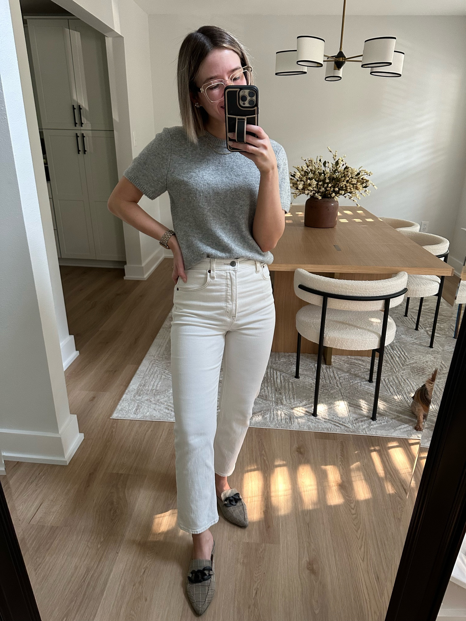 Todays casual work outfit 

Abercrombie women’s crew sweater tee in gray 

Abercrombie ultra high rise straight cream denim 26s tts - I size up 1 in cream jeans 

Steve Madden plaid chain mules - linked similar 

#LTKFindsUnder100 #LTKSaleAlert #LTKWorkwear