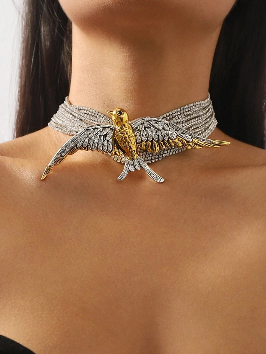 European Fashion Exaggerated, Multi-Layered, Full Diamond Encrusted Flying Bird & Swallow Necklac... | SHEIN