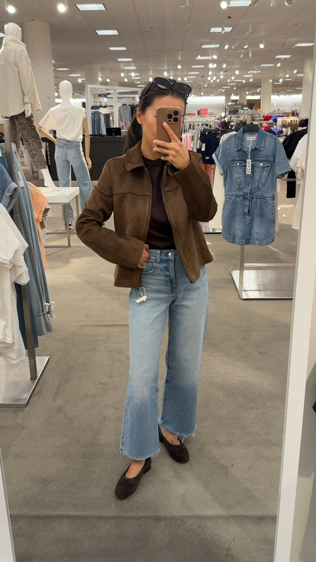 Affordable suede look jacket find! 

• BDG faux suede zip jacket xs . The sleeves are a little bit long on me so I would need to fold them under ideal for someone slightly taller. Jacket is a Nice quality, substantial weight fabric with full lining.

• Madewell perfect vintage wide crop jeans size 24 petite

• Aritzia brown sweater tee size XXS great basic , soft with nice drape. Eye machine wash this cold on delicate cycle and air dry.

• Madewell ballet flats 5.5 - I am usually in between 5 to 5.5 and took the bigger half

• Madewell oval sunglassess

Fall outfit, petite friendly, suede shoes and jacket , ballet flats 

#LTKSeasonal #LTKStyleTip #LTKPetite
