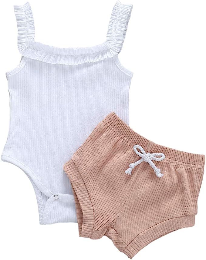 Infant Baby Girls Summer Knit Outfits Button Halter Romper Ruffle Drawstring Shorts Pants 2Pcs Cl... | Amazon (US)