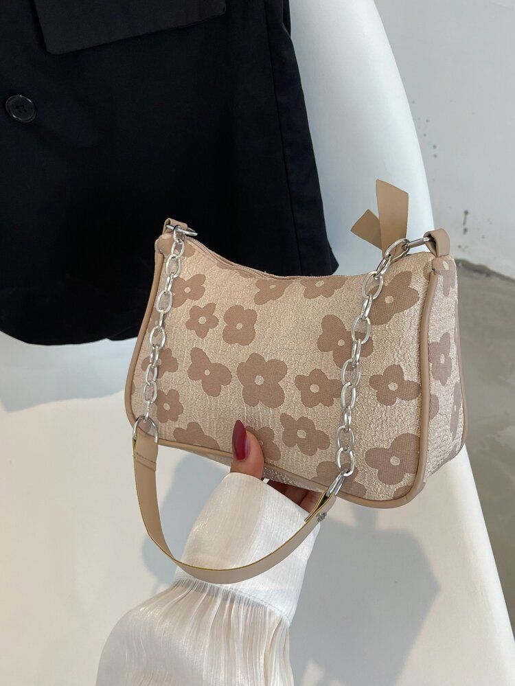 Floral Jacquard Chain Baguette Bag | SHEIN