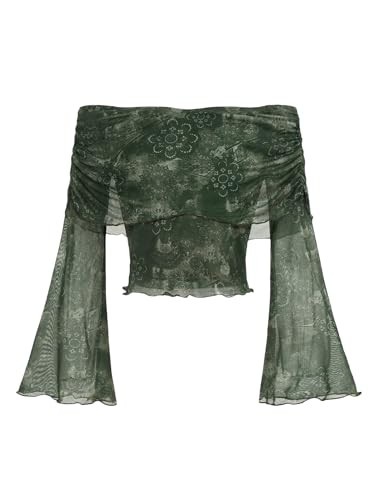 Verdusa Women's 70s Off The Shoulder Renaissance Bell Sleeve Mesh Crop Tops Whimsical Clothes | Amazon (US)
