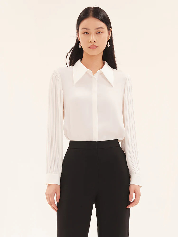 White Acetate Patchwork Pleated Shirt | GoeliaGlobal