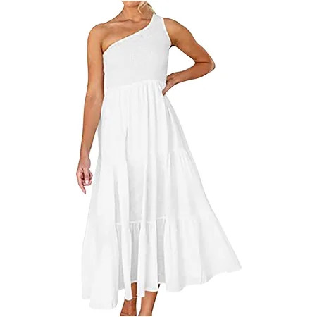 COBKK Womens Dresses Dance Sleeveless Round-Neck Dress Fashion Women Boho Summer Solid One Shoulder  | Walmart (US)