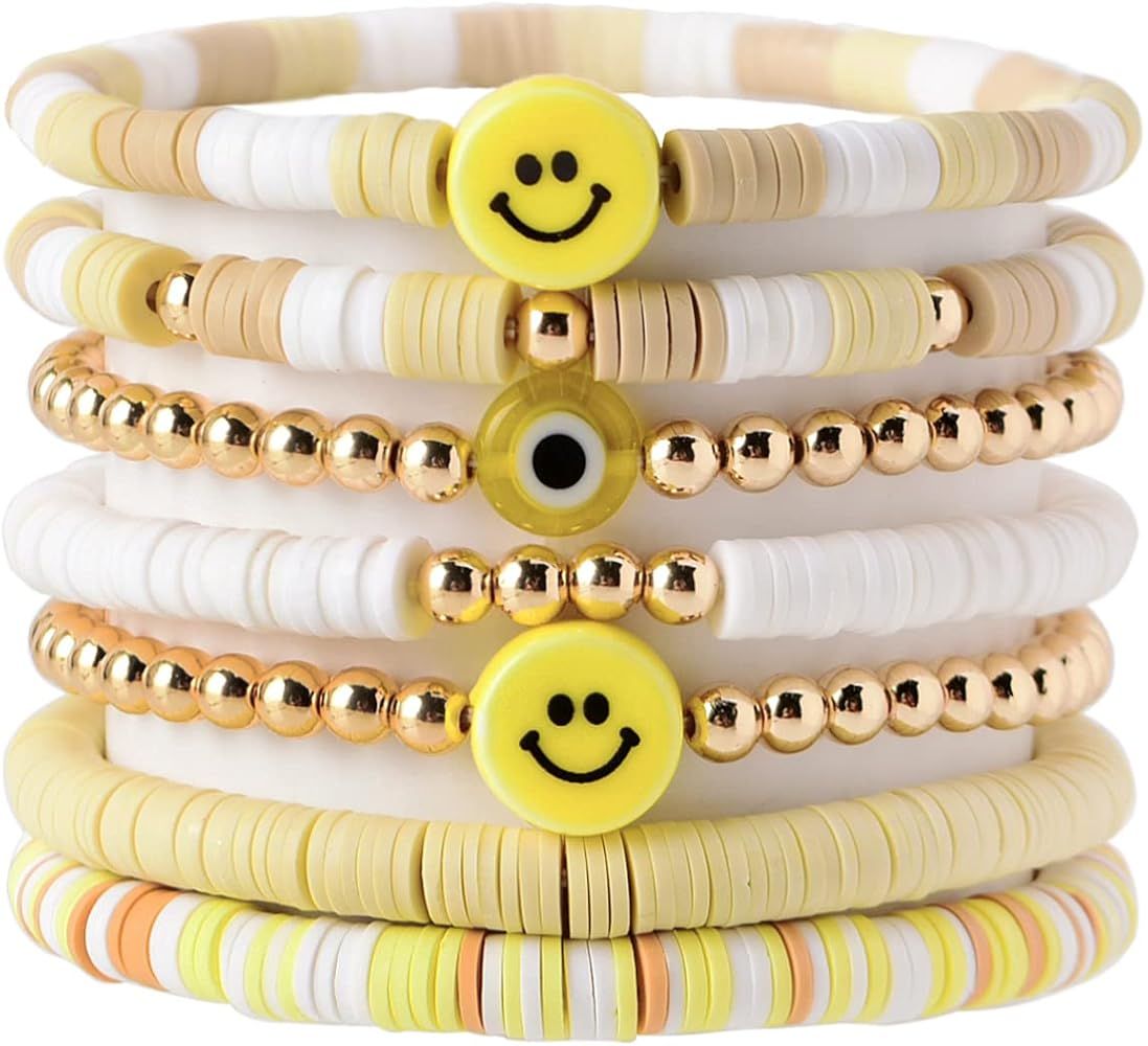 LALAPPLE Surfer Heishi Smiley Face Bracelets for Women, Preppy Smile Evil Eye Beaded Stretch Brac... | Amazon (US)