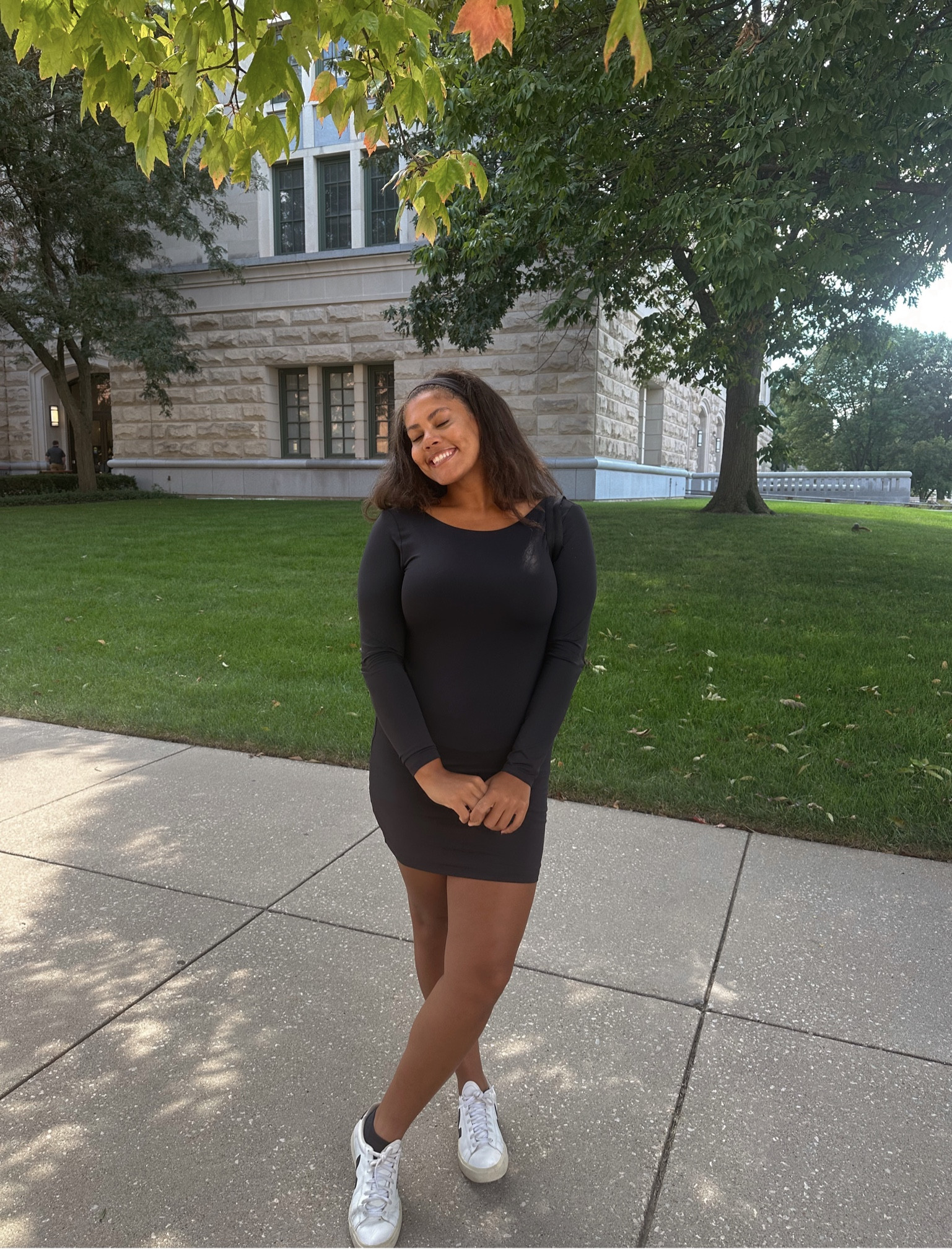 Casual chic autumn outfit. Little black dress and sneakers outfit. #casualchic #lbd #sneakers #falloutfits 

#LTKSeasonal #LTKstyletip