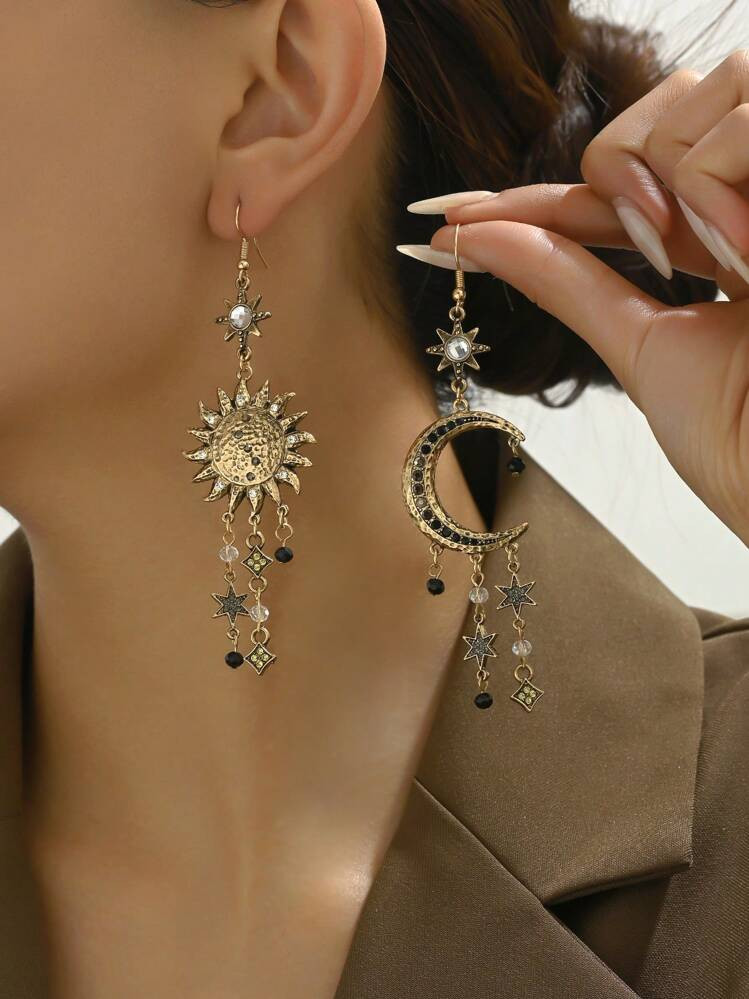 1pair Vintage Bohemian Style Sun Moon Stars Tassel Drop Earrings With Rhinestones Inlaid For Wome... | SHEIN