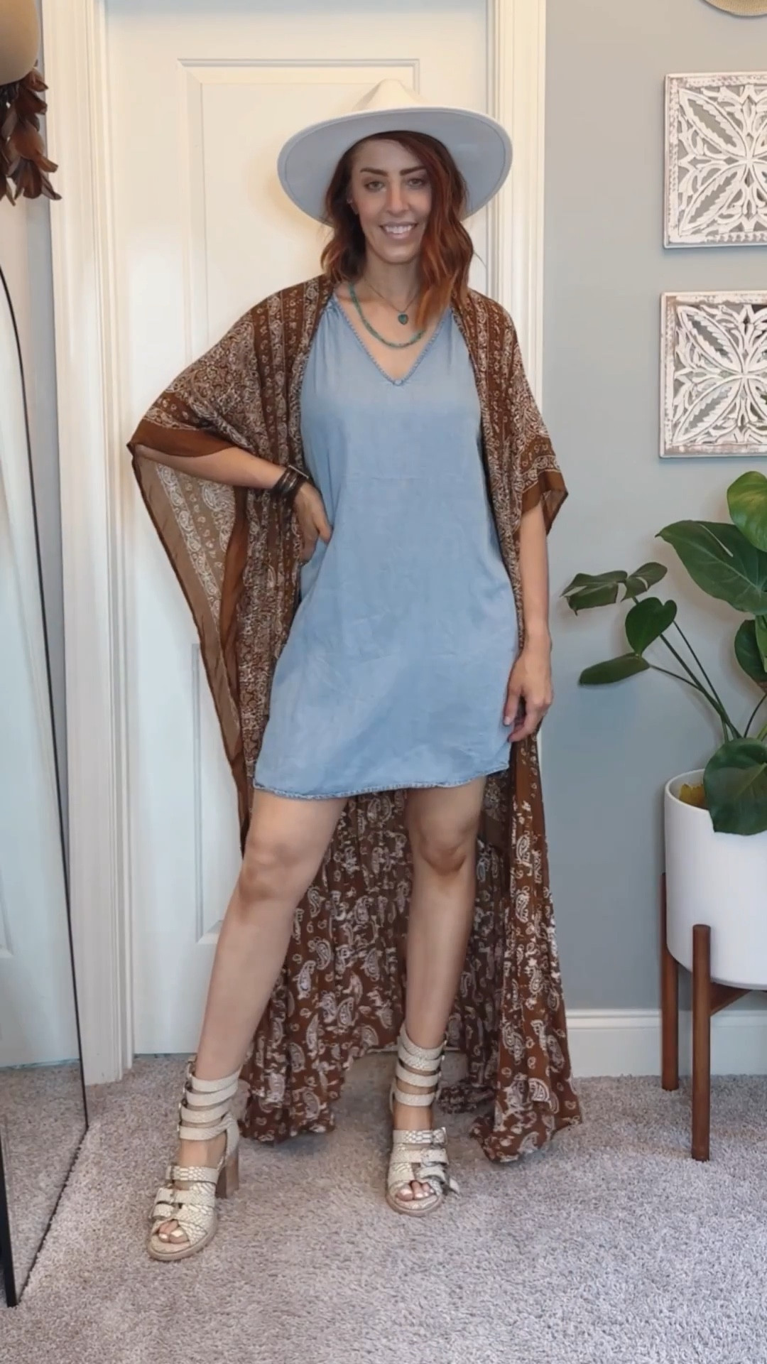 Bohemian late summer to early fall outfit idea! 
Chambray Dress - Size Medium
Kimono - One Size
Freebird Gladiator Style Sandal Heels - Size 11

#LTKStyleTip #LTKShoeCrush #LTKOver40
