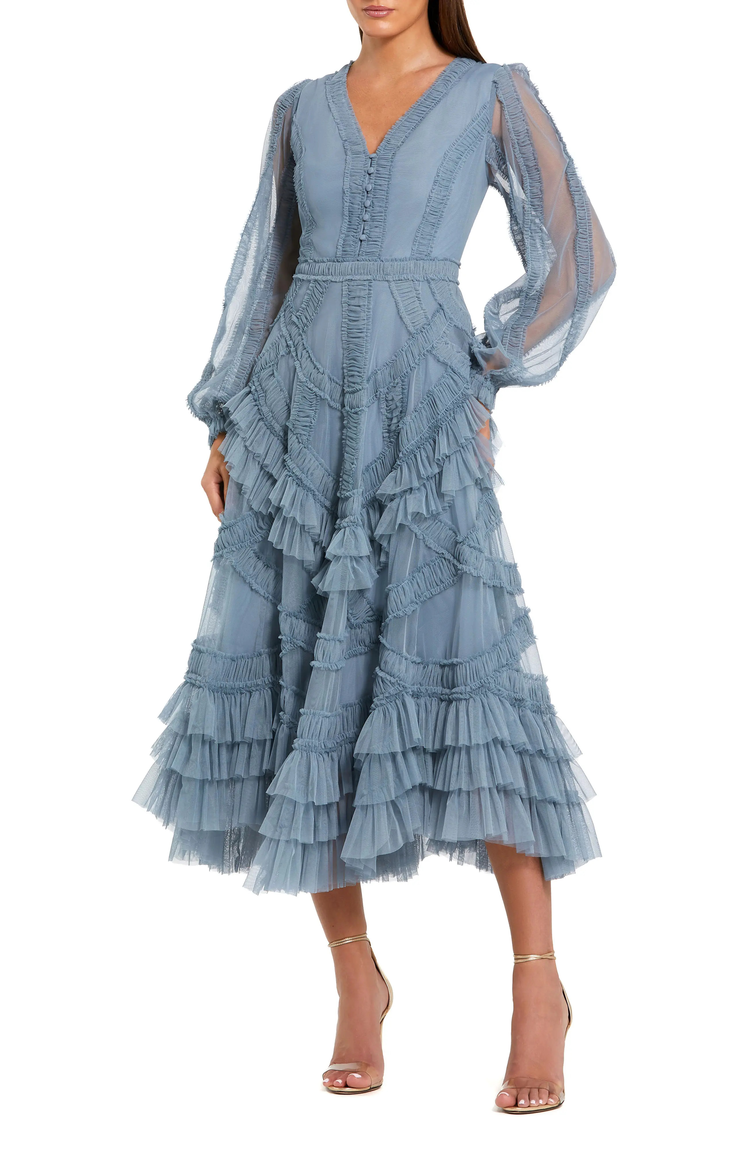 Mac Duggal Long Sleeve V Neck Mesh Micro Ruffle Midi Dress (Women) | Nordstrom | Nordstrom
