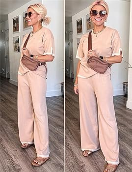 ROJZR Womens Knitted 2 Piece Sweater Sets Outfits Short Sleeve Crew Neck Tops Wide Leg Pants Loun... | Amazon (US)
