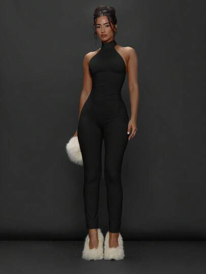 MUSERA High Neck Fitted Bodycon Capri Jumpsuit  Going Out Everyday Night Out Sexy Streetwear Esky... | SHEIN